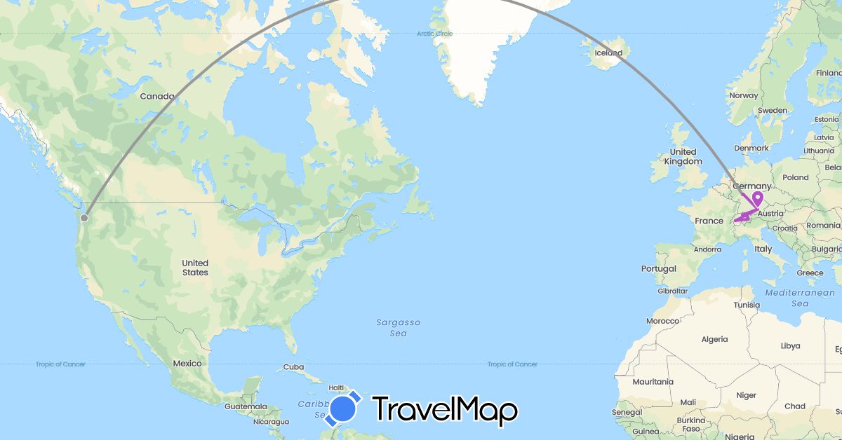 TravelMap itinerary: driving, plane, train, hiking in Switzerland, Germany, Liechtenstein, United States (Europe, North America)
